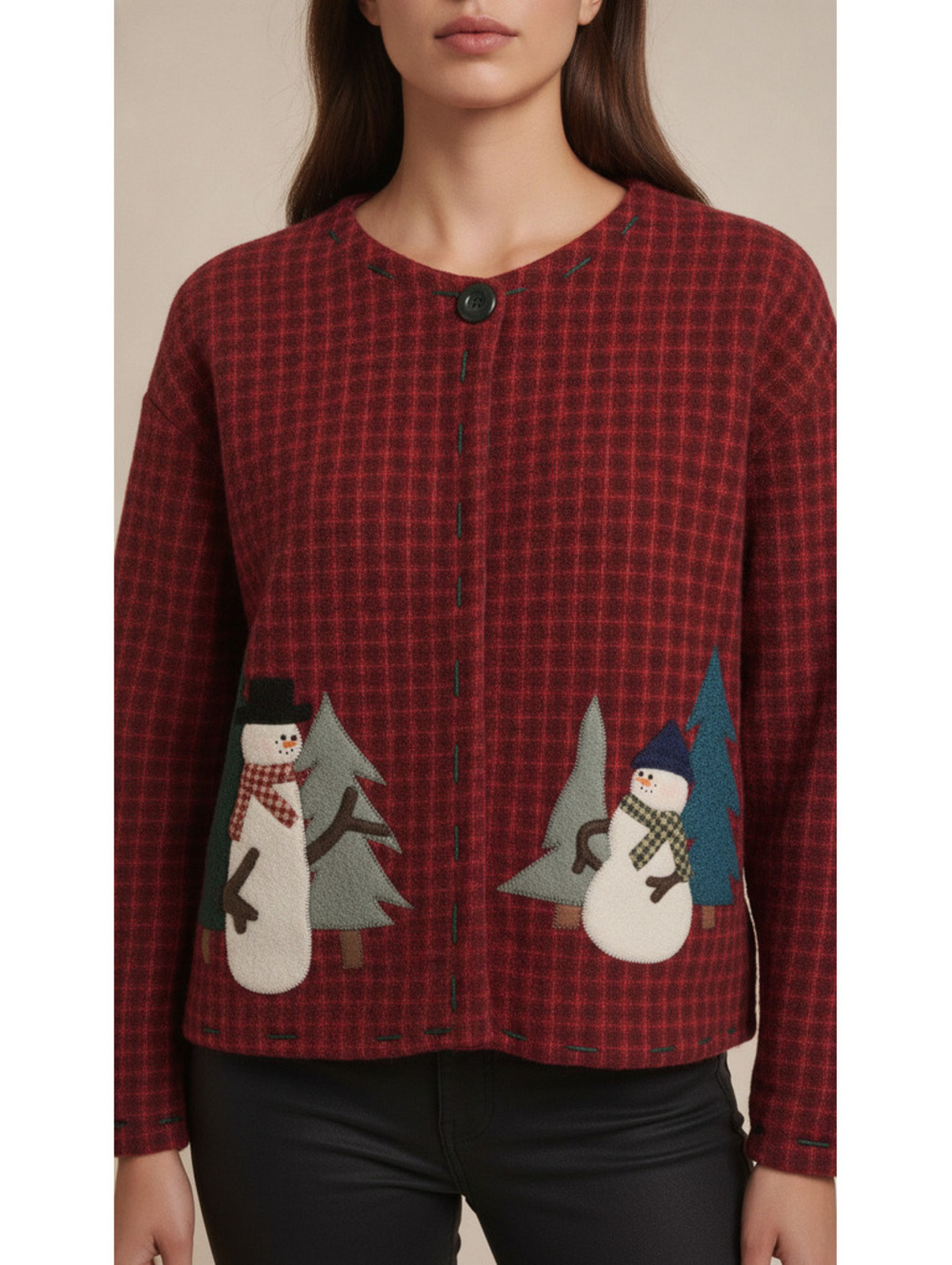 Vintage Red Checkered Cardigan with Playful Snowman Appliqués – Size L